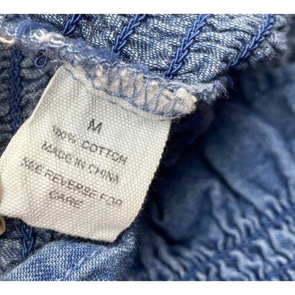 Retro 70s Chambray Top M Denim Blue On or Off Shoulder Wide Ruched Waist Ruffle - Picture 9 of 12